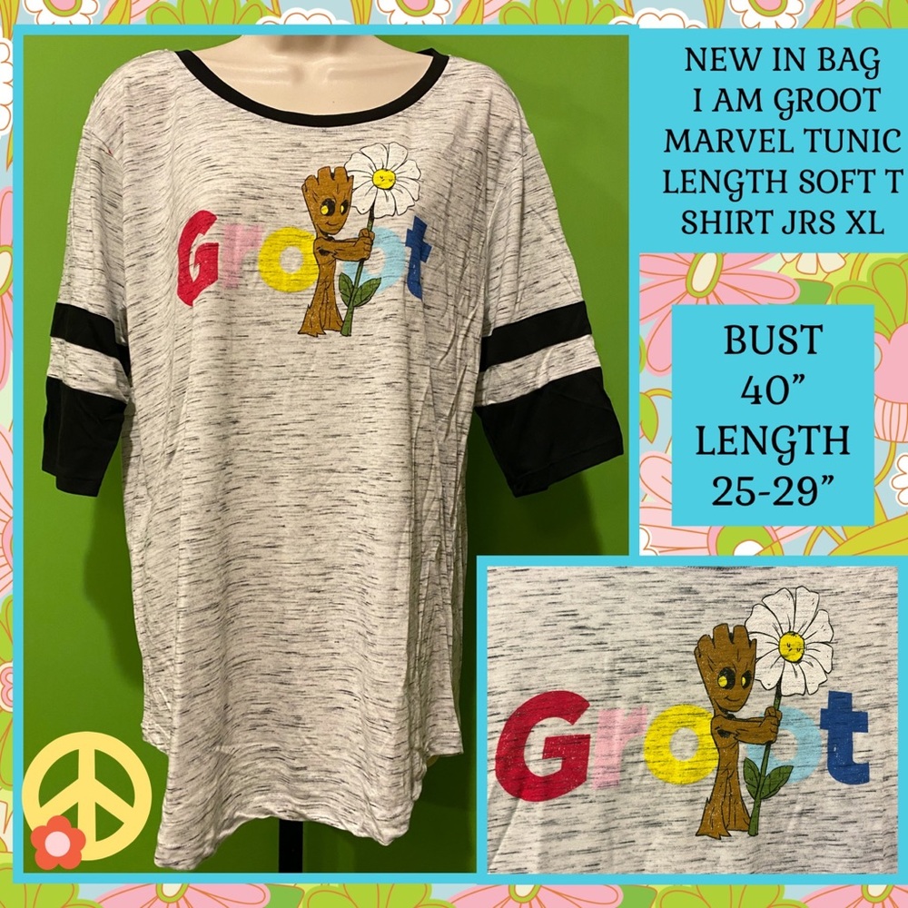 JRS XL NIB FIFTH SUN MARVEL KNIT T SHIRT I AM GROOT ASYM CURVED HEM